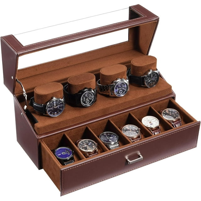 ProCase Estuche de 10 Relojes, Caja Exhibidor Almacenaje Relojero Visible Organizador Doble Capa para Hombre (Café)
