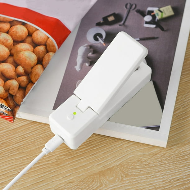 Mini sellador y cortador de bolsas recargable por USB | Sellador portátil para almacenar alimentos, como papas fritas, refrigerios y sobras | Blanco o gris | Cocina, camping, viajes