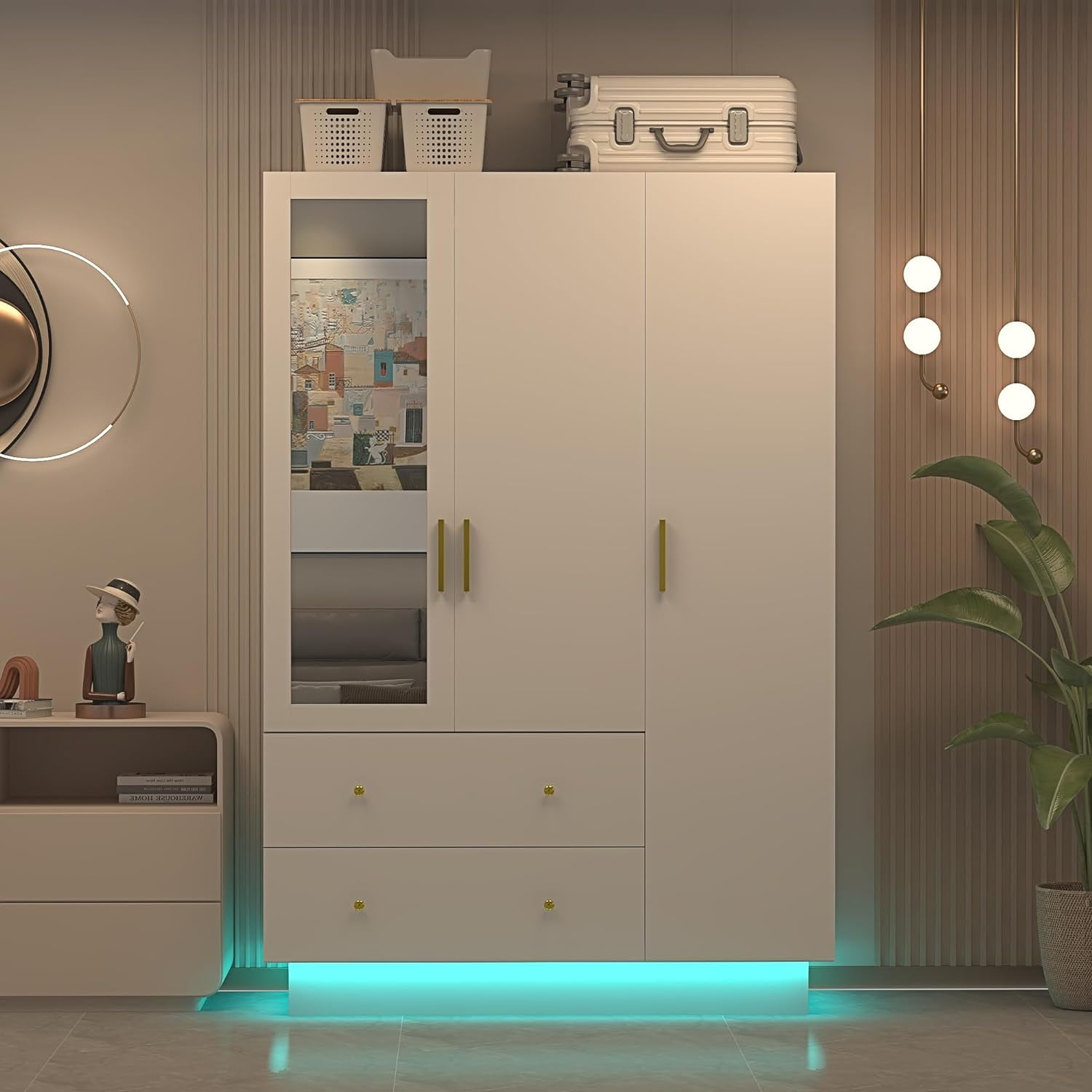 3 Doors Armoire Wardrobe Closet with Mirror and LED Lights, Armoire with Doors and Drawers, Modern Wooden Armoire Wardrobe Closet with Hanging Rod for Bedroom