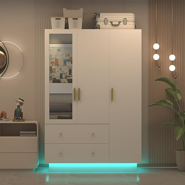 3 Doors Armoire Wardrobe Closet with Mirror and LED Lights Armoire with Doors and Drawers Modern Wooden Armoire Wardrobe Closet with Hanging Rod for