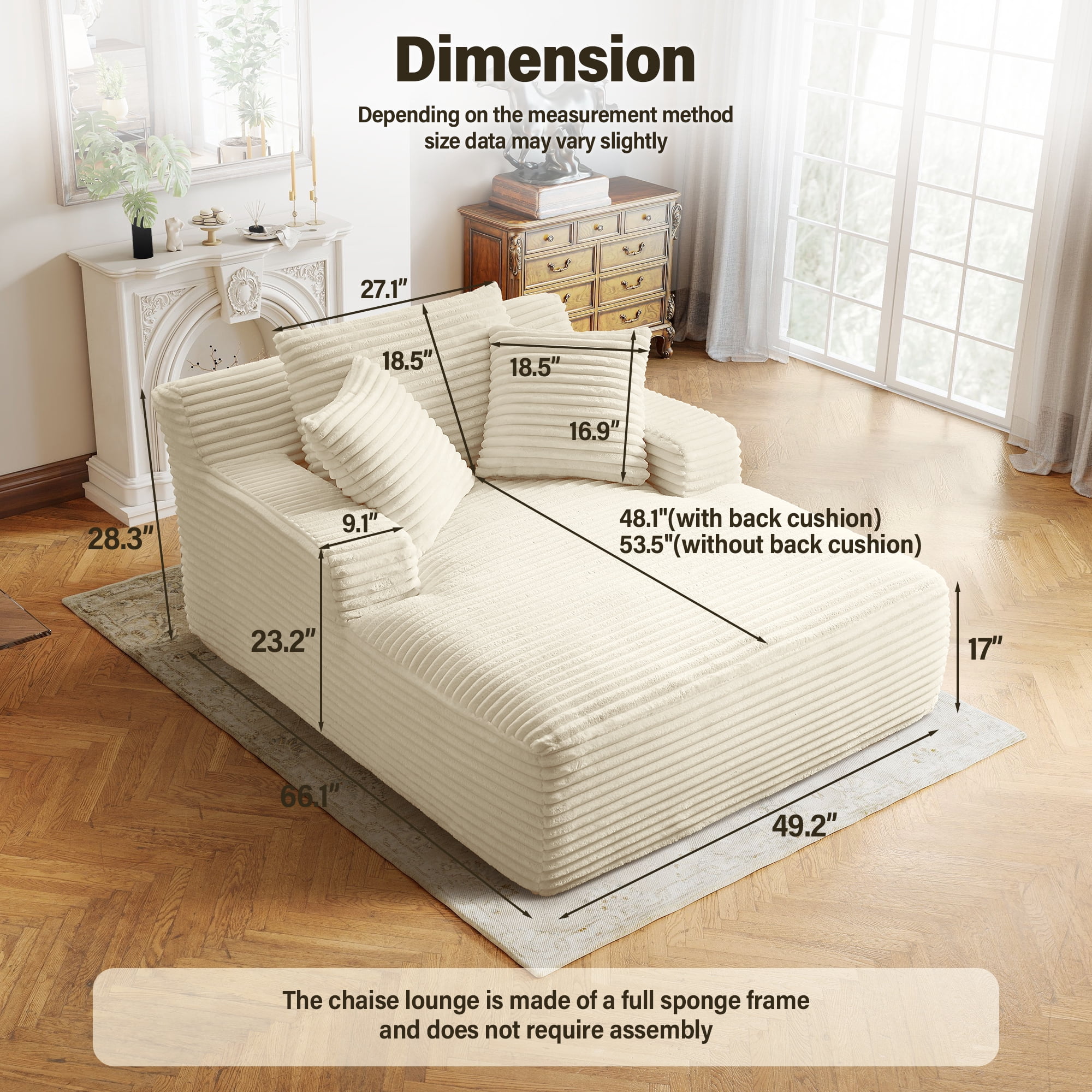 Aukfa Corduroy Chaise Lounge Chair, Oversized Indoor Lounger Floor Sofa Bed for Living Room, Bedroom, Small Space,White