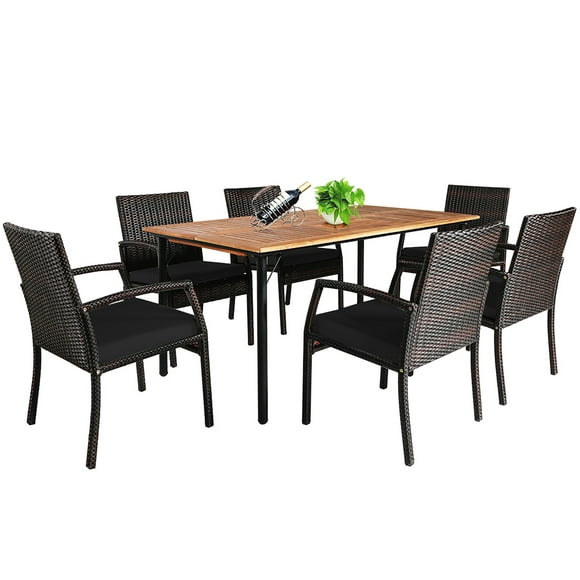 Costway 7PCS Patio Rattan Dining Chair Table Set with  Cushion Umbrella Hole Black