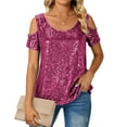 thumbnail image 6 of Besolor Womens Sequin Tops Cold Shoulder Short Sleeve Crewneck Sparkle Glitter Blouses Party Club Night out Shirts, 6 of 7
