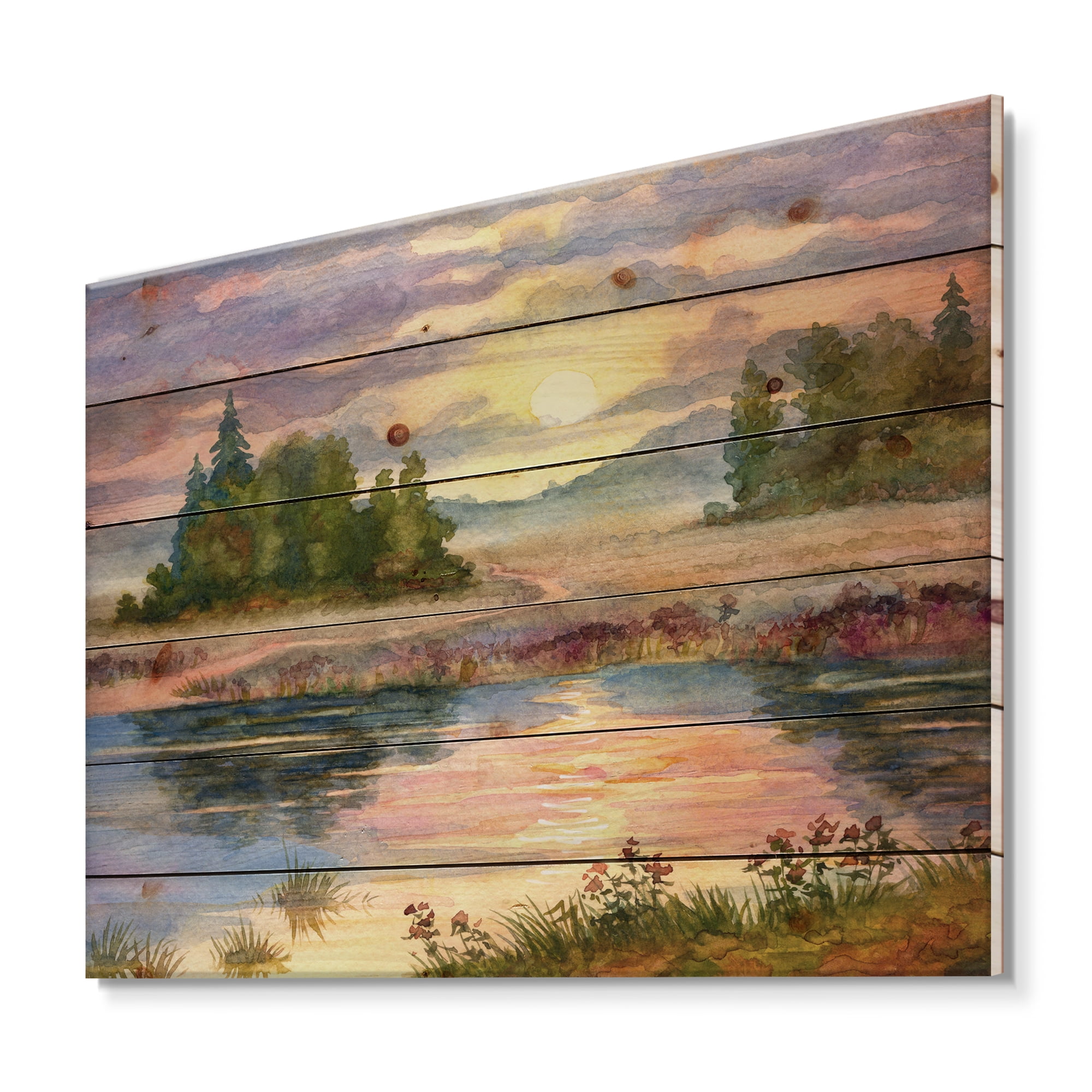 Designart 'The Rural Lake In Sunset Evening I' Traditional Print on Natural Pine Wood