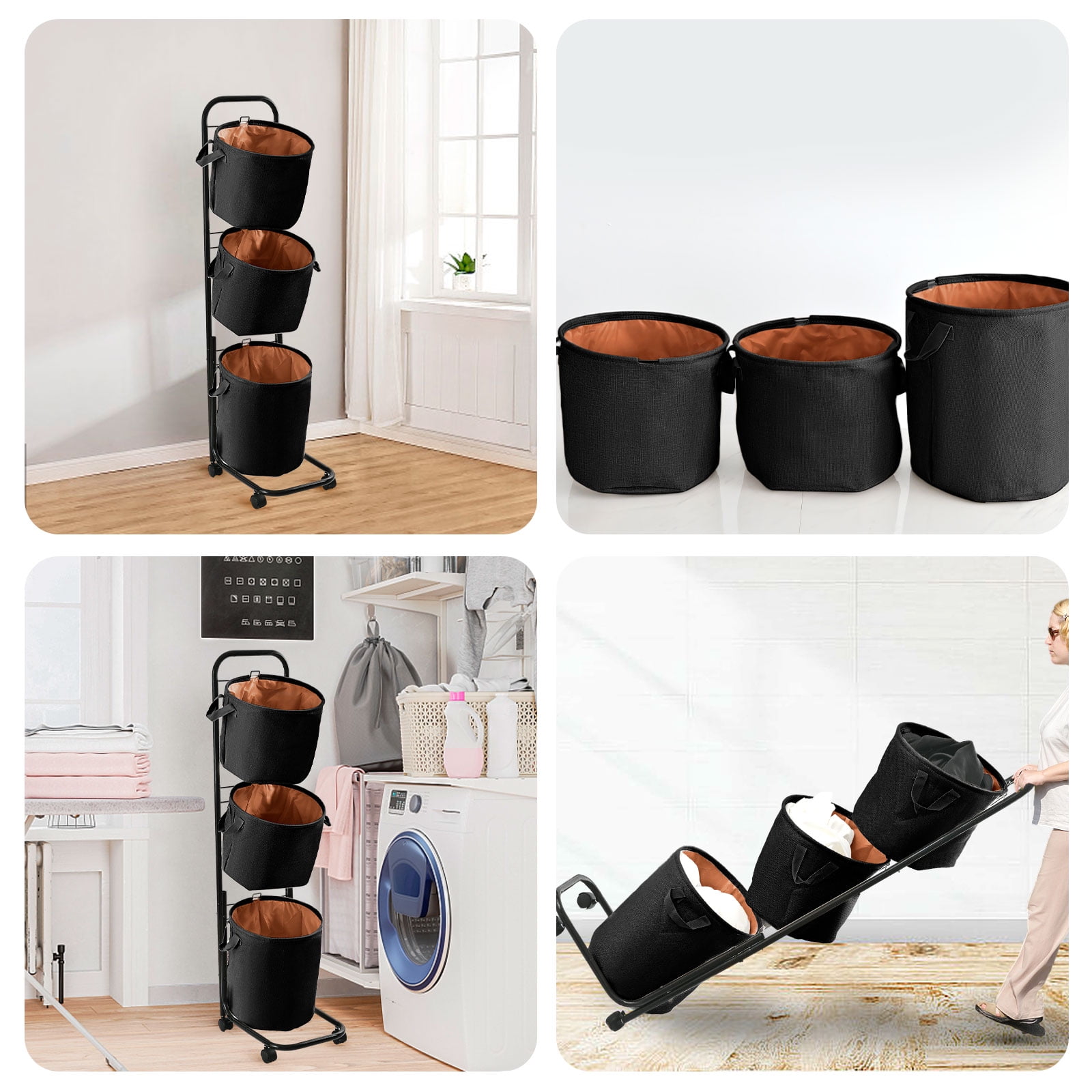 YOUPINS 3-Tier Laundry Hamper Sorter, Laundry Storage Organizer with Wheels Movable Rolling Laundry Baskets Cart, Bathroom Cart Clothes Shelf,Laundry Butler for Bathroom Bedroom Laundry Room, Black