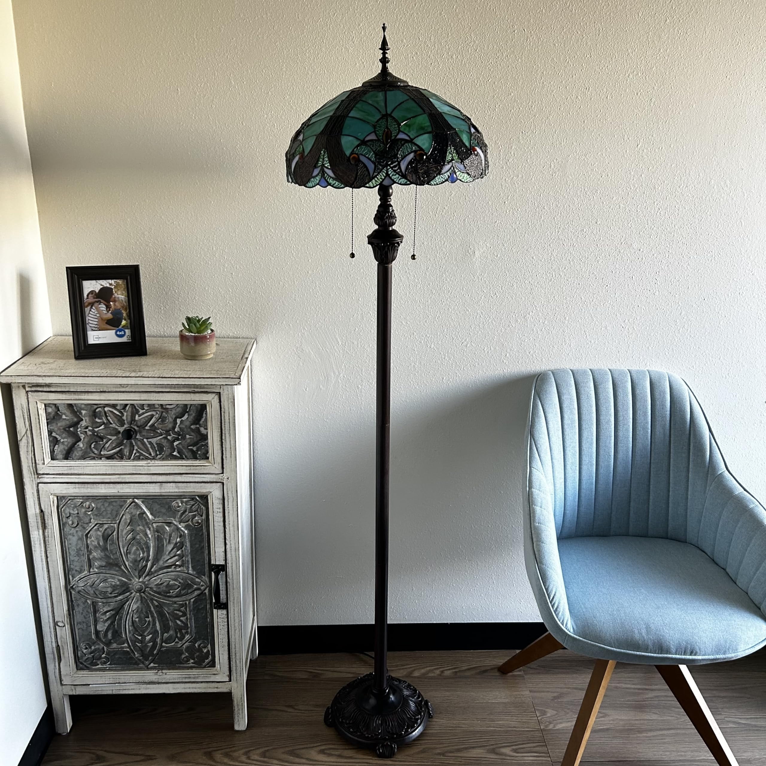 Tiffany Floor Lamp Green Brown Stained Glass LED bulbs included Pull Chain Switches For Living Room Bedroom Bedside 16"W*16"D*64"H