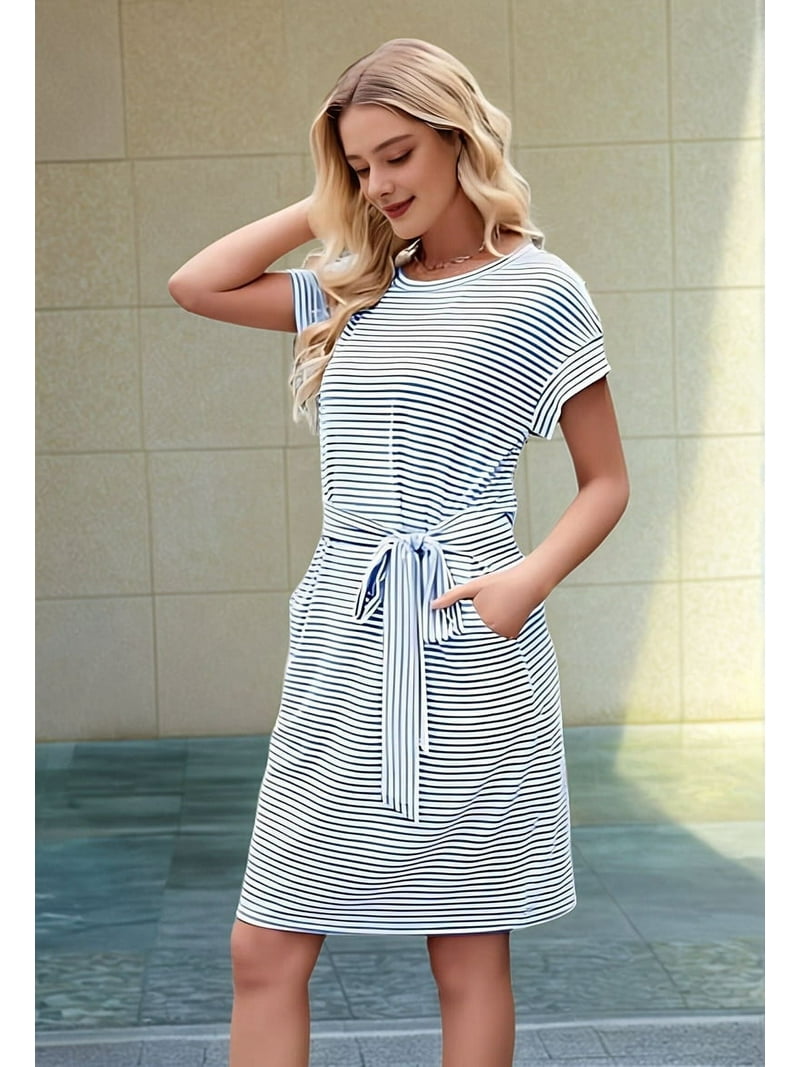 Women'S Summer Striped Short Sleeve T Shirt Dress Casual Tie Waist