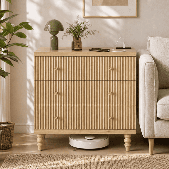 Bestier 3-Drawer Storage Cabinet with Charging Station, Modern Fluted Accent Cabinet with Soft-Close Drawers and Solid Wood Legs for Living Room, Entryway & Home Office, Natural Oak