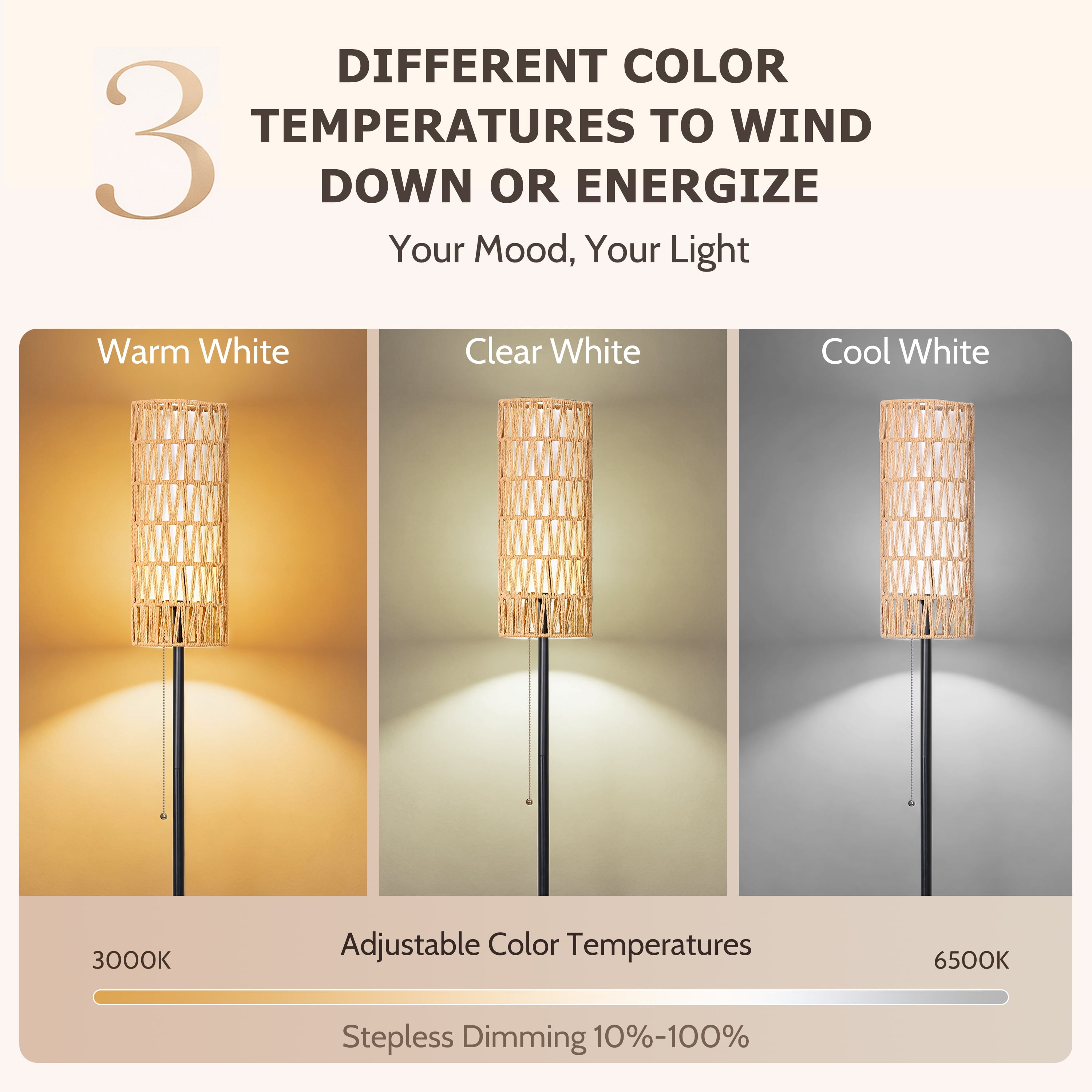 Coliware 63” Rattan Floor Lamp, Black Modern Standing Lamp with Pull Chain Dual Shade, Reading Pole Lamp with 3 Color Temperatures