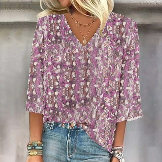 Fiudx Liquidación de Ofertas Flash Blusa de Manga Larga de Verano con Cuello En V para Mujer, Sexy, Casual, con Estampado Regular