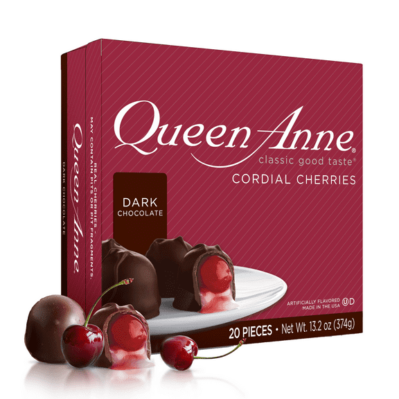 Queen Anne Dark Chocolate Covered Cordial Cherries | 13.2 oz | 20 Piece Gift Box | Whole Cherry Sweet Creamy Fruity Flavor | Holiday Candy
