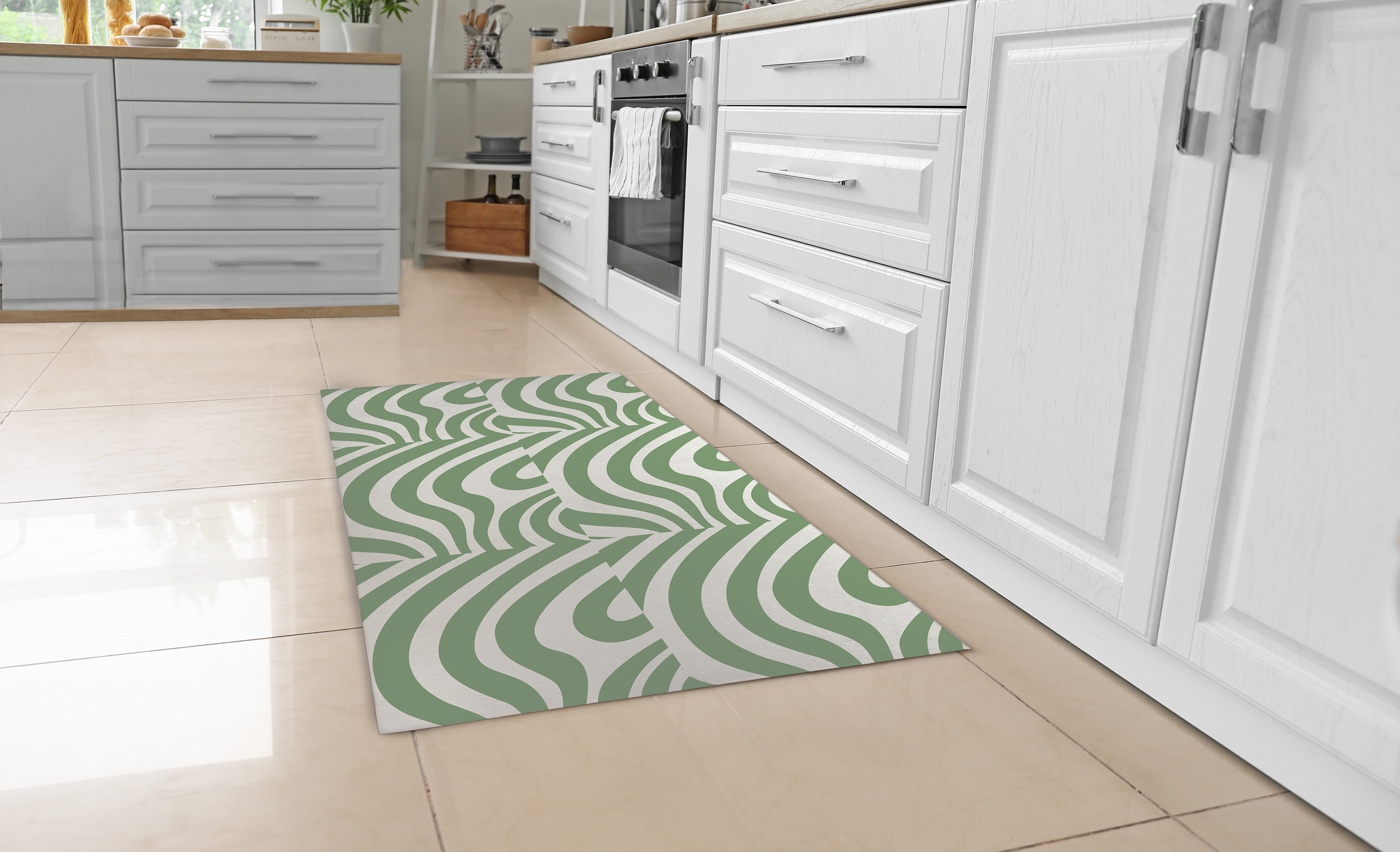 WAVY ABSTRACT PRINT GREEN Kitchen Mat By Becky Bailey