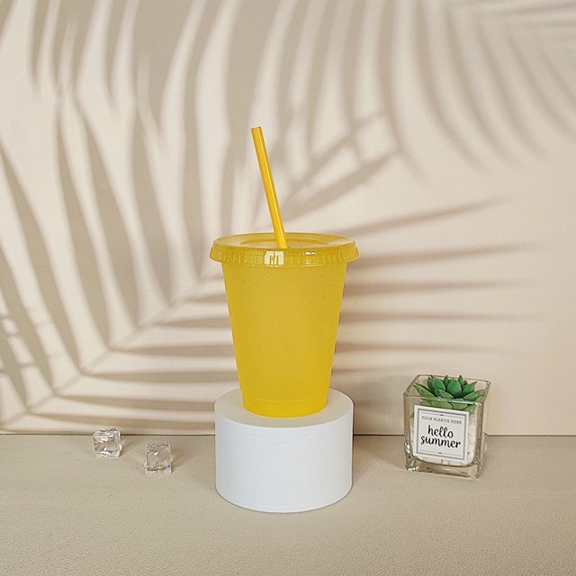 5pc 500ml Creative Water Cup Sequin Sparkling Powder Straw Cup Plastic Multi Specification Straw Design Comfortable Beverage Cup