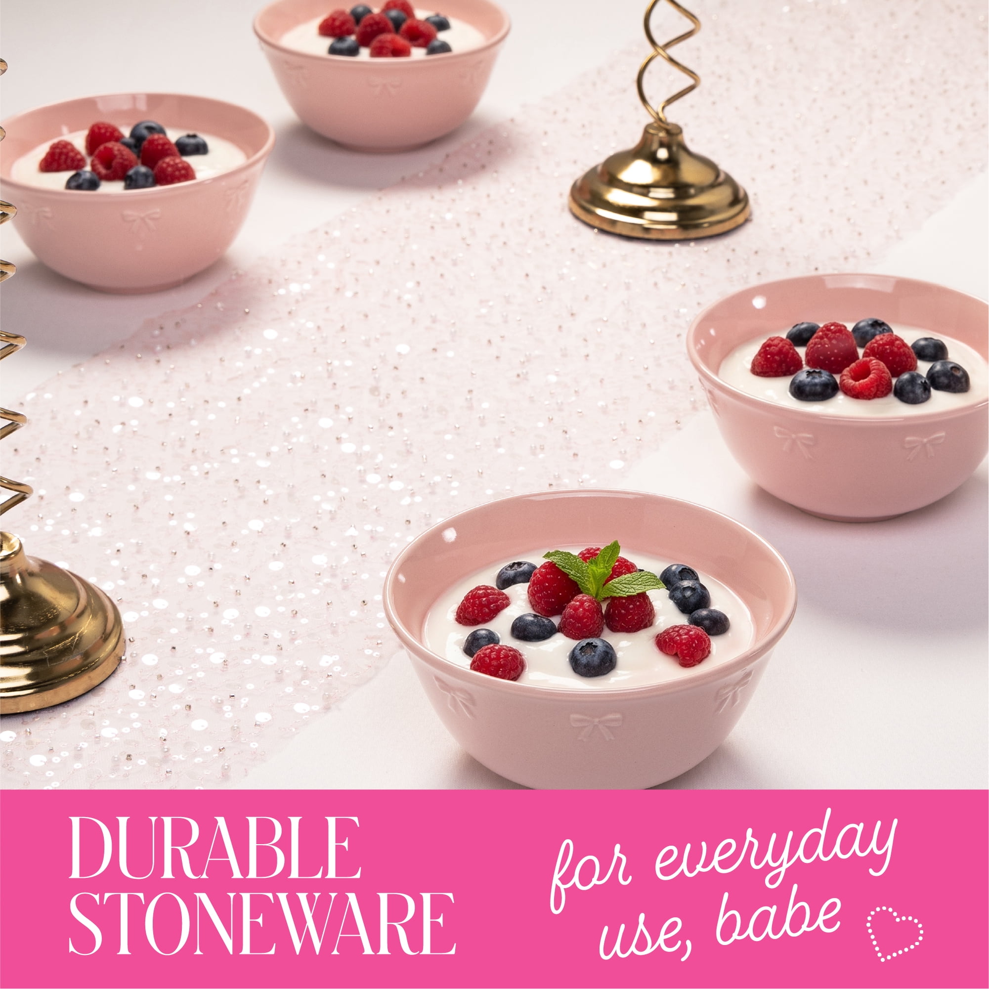 Paris Hilton London Collection 6.25-Inch Ceramic Soup Bowls, Cereal & Snack Bowls, Set of 4, Microwave Safe, Pink with Embossed Bow Detailing