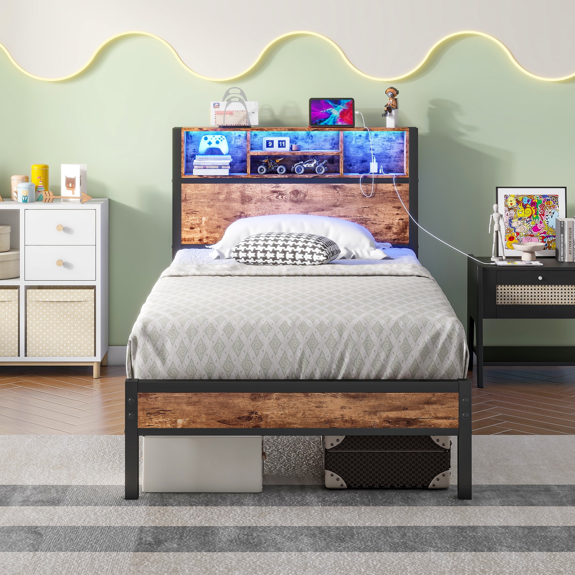 Miniyam Twin Bed with LED Headboard, USB Ports, Storage Shelves for Adults, Brown