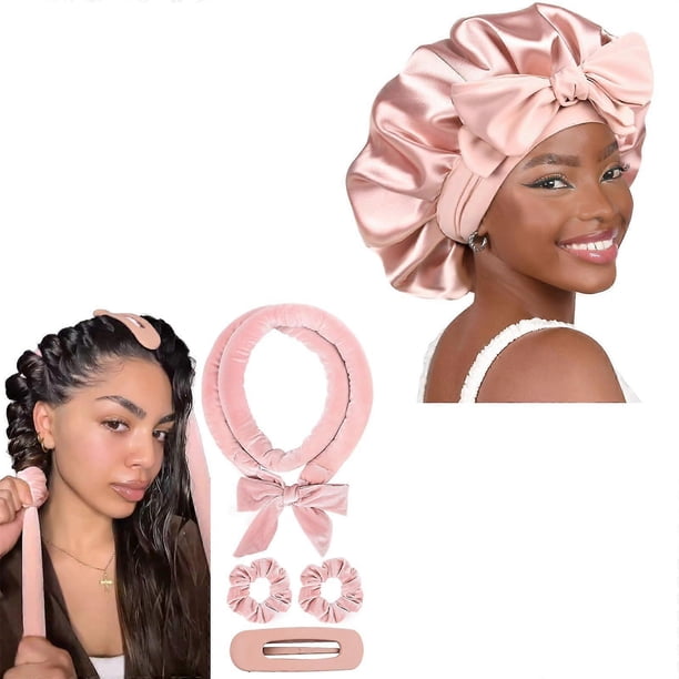 Rizador de pelo nocturno sin calor con gorro ajustable de seda satinada para peinar el cabello y controlar el encrespamiento.