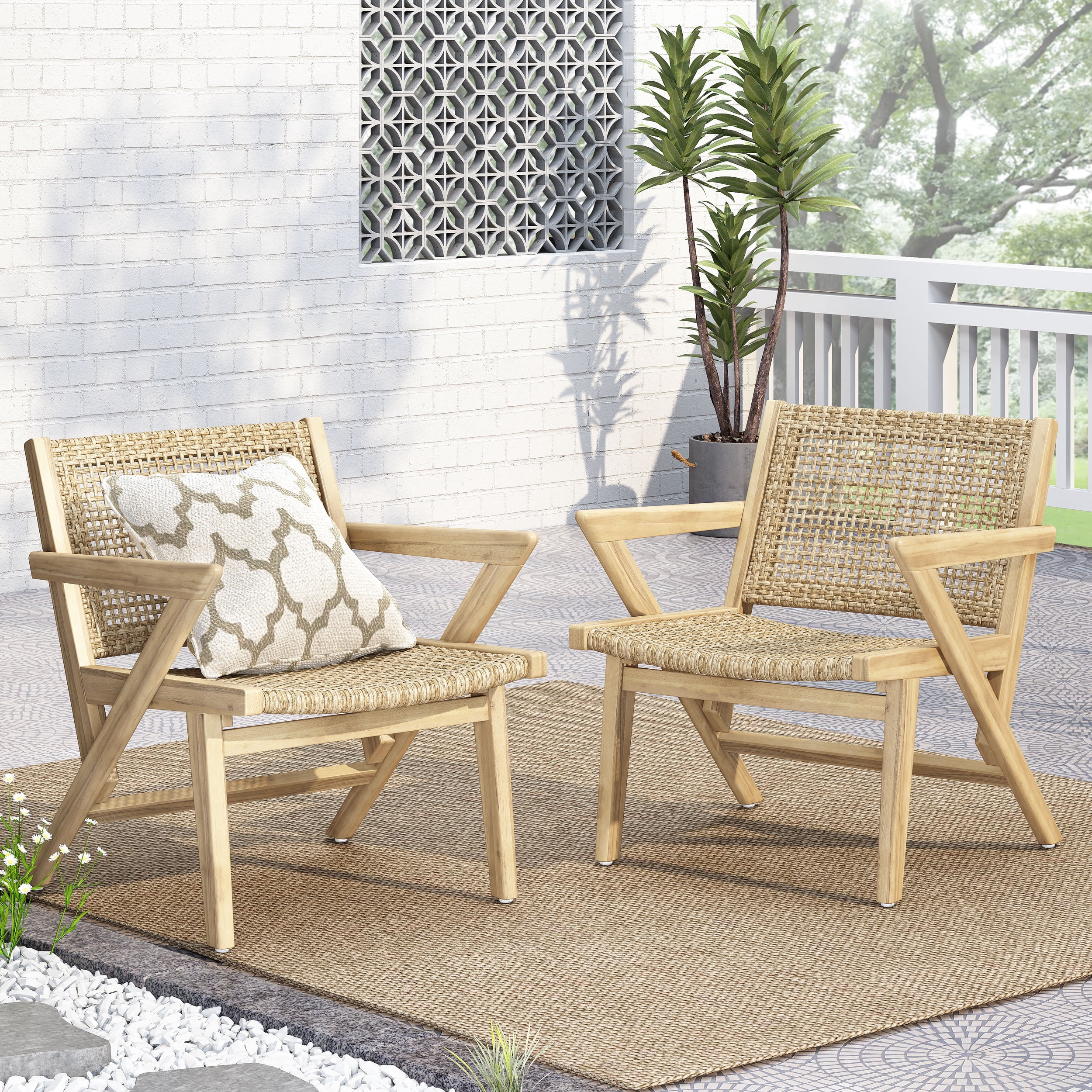 Outdoor Single Leisure Chair Set of 2, Wicker Frame Seats for Patio Garden, Light Brown