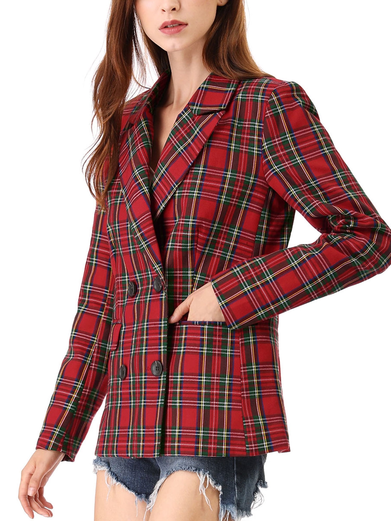 Stable skill attractive Unique Bargains Women's Plaid Notched Lapel Double Breasted Blazer Jacket -  Walmart.com