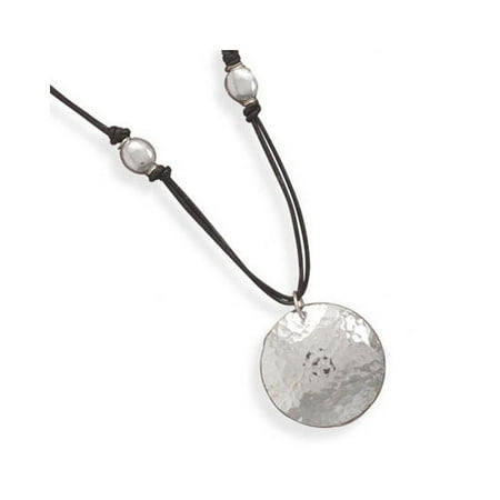Jewelryweb 18 Inch Double Strand Black Leather Necklace With Sterling Silver Oval Beads And Hammered Pendant