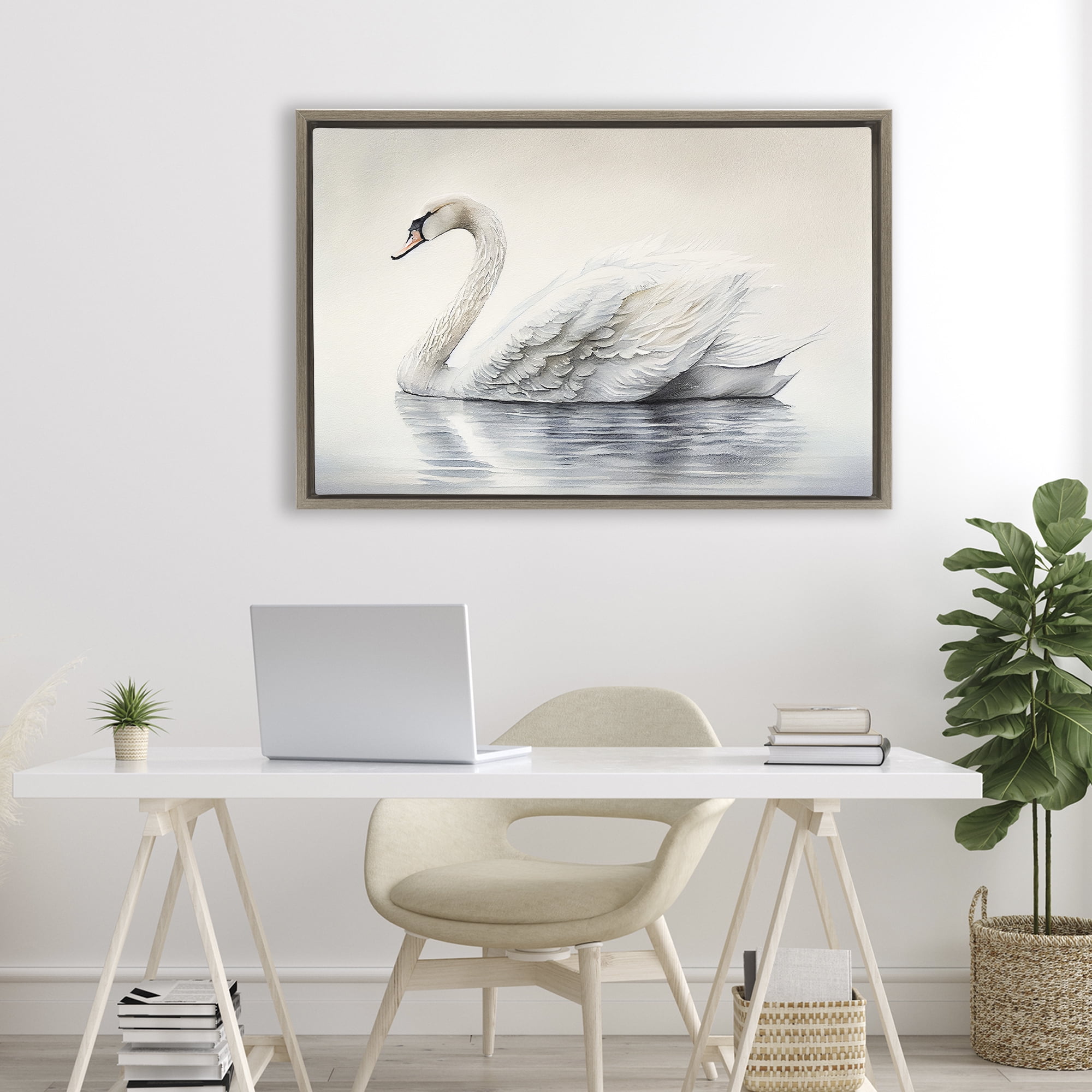 Elegant Floating Swan Brown Framed Floater Canvas Wall Art, design by Sasha