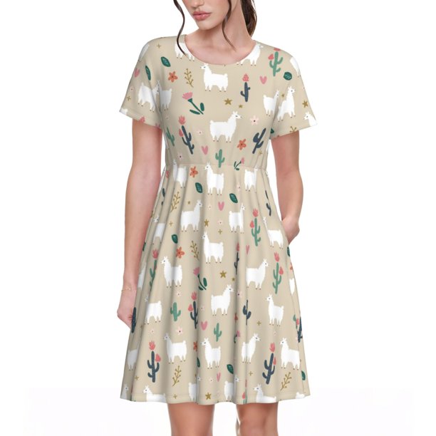 Easygdp Cute Alpaca para Vestido Transpirable de Mujer, Vestido Suelto de Manga Corta con Pliegues y Bolsillos para el Verano