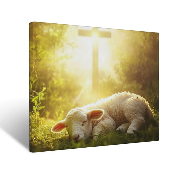 CozyNet Peaceful Lamb Lying Under A Glowing Cross And Bright Morning Sun Wall Art Prints With Frame Canvas Perfect for Living Room & Bedroom, Ready to Hang, Wall Decor 12"x16"