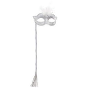 Fever Baroque Fantasy Eyemask with Feathers and Handle - Silver