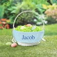 thumbnail image 2 of Personalized Planet Blue and White Liner with Custom Name Printed in Blue Letters on White Woven Spring Easter Basket with Collapsible Handle for Egg Hunt or Book Toy Storage, 2 of 6