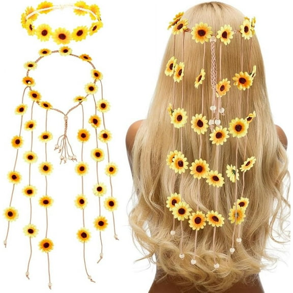 2Pcs Sunflower Headbands Flower Boho with Tassel White Hair Wreath Headbands Adjustable Headpiece Hair Accessories