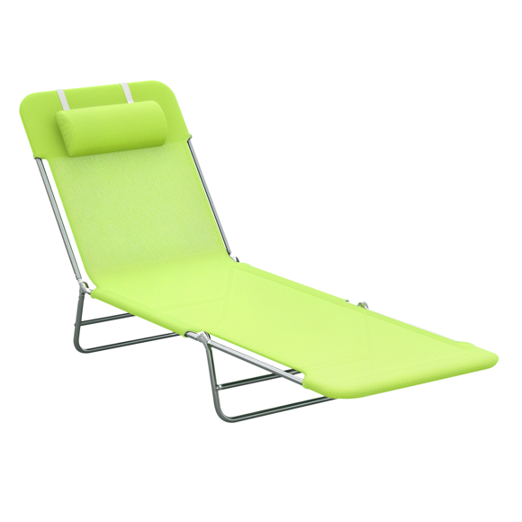 Outsunny Outdoor Lounge Chair, Portable Adjustable Reclining Seat Folding Chaise Lounge Patio Camping Beach Tanning Chair Bed with Pillow, Green