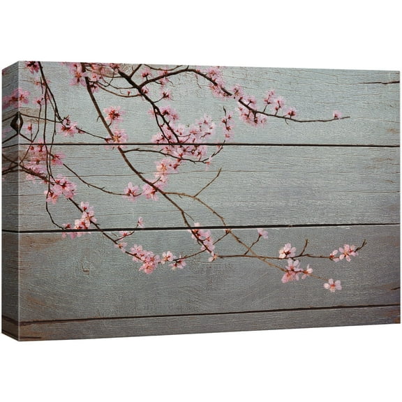 wall26 Canvas Print Wall Art Pink Cherry Blossom Branch on Wood Panels Nature Floral Illustrations Modern Art Rustic Scenic Relax/Calm Multicolor for Living Room, Bedroom, Office - 16"x24"