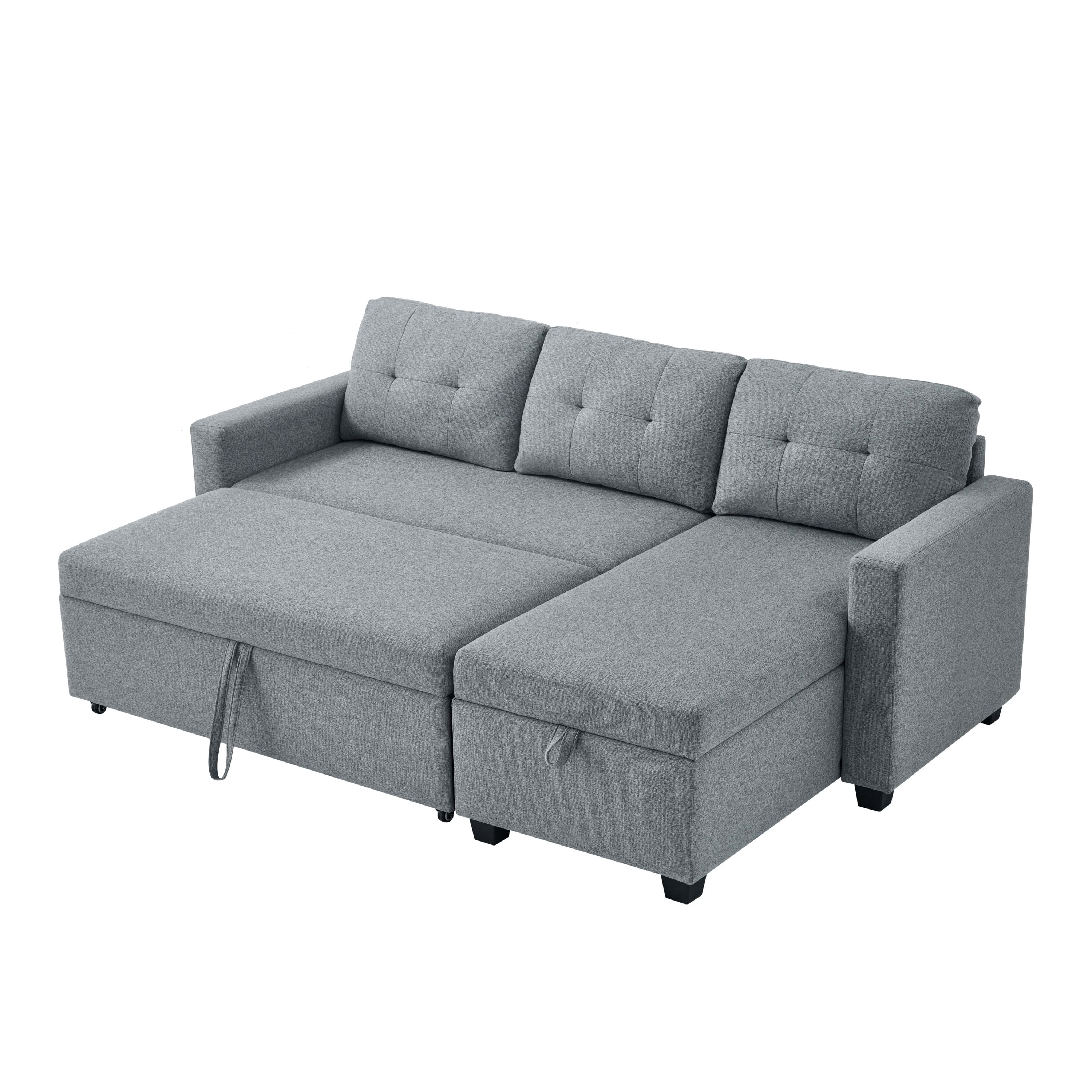 4-in-1 Convertible L Shaped Sleeper Sofa with Pull Out Bed and Storage Chaise, Linen Sectional Corner Couch with Removable Back Cushions for Living Room, Apartment, Bedroom,Office,Light Grey