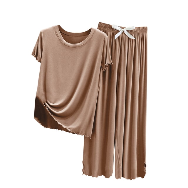 Timegard Ensembles Lounge pour Femmes Pyjamas 2 Pcs T-Shirt à Col Rond Pantalon à Nœud Papillon Tenues d'Été Vêtements d'Intérieur