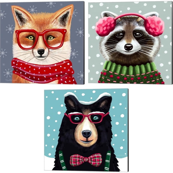 Great Art Now Sly Fox, Cute Raccoon & Jer Bear by Elizabeth Tyndall 3 Piece Canvas Art Set Each 14"W x 14"H