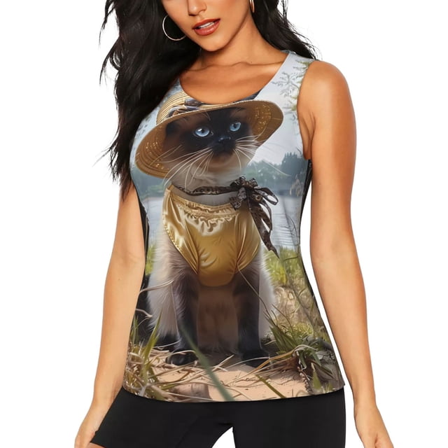 Fotbe Cat In Sun Hat Blusas Sin Mangas para Mujer – Estilo Casual, Corte Suelto, Slim-Fit, Cuello Redondo Deportivo, Tops de Verano para Gimnasio y Yoga-Large