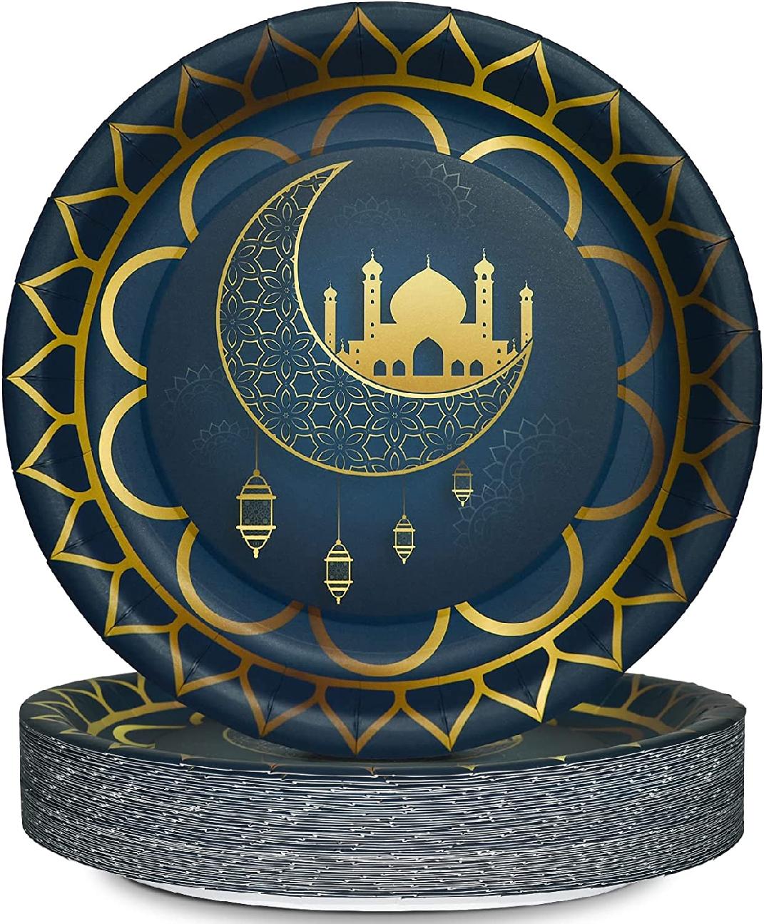 50 Count Ramadan Eid Mubarak Paper Plates 9 inch Muslim Happiness