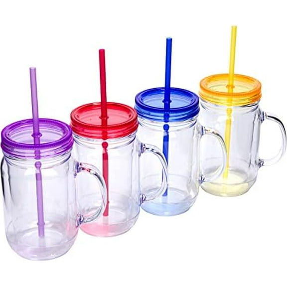 Plastic Mason Jars with Handles, Lids and Straws | 20 oz Double Insulated Tumbler with Straw | 4 Pack Set of 4 | Wide Mouth Mason Jar Mugs | Cups for Kids and Adults…$$Home Decor, Kitchen, & Other