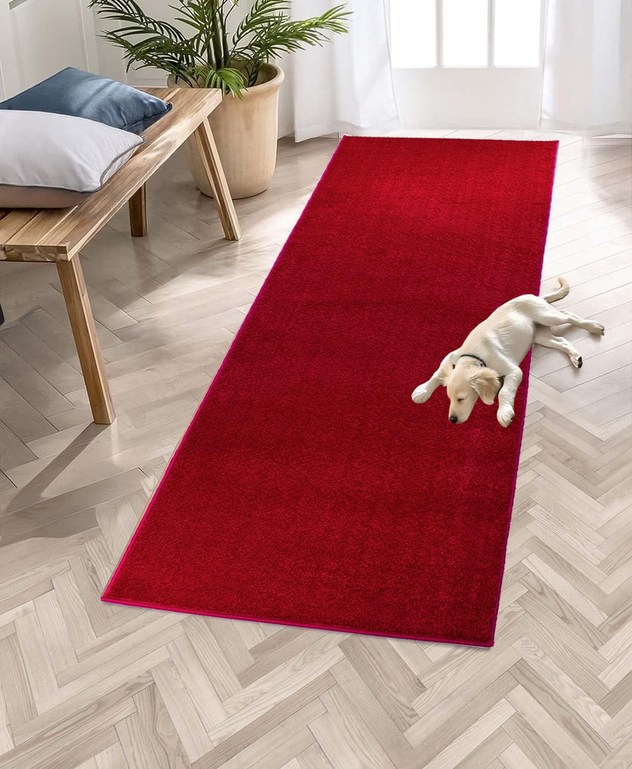 Washable Custom Size Runner Rug Solid Color Red, ( 12 Feet Length x 30 Inch Width) Slip Resistant Runner Rugs, Extra Long Runner Rugs for Hallways, Kitchen, Entryway, Bathroom
