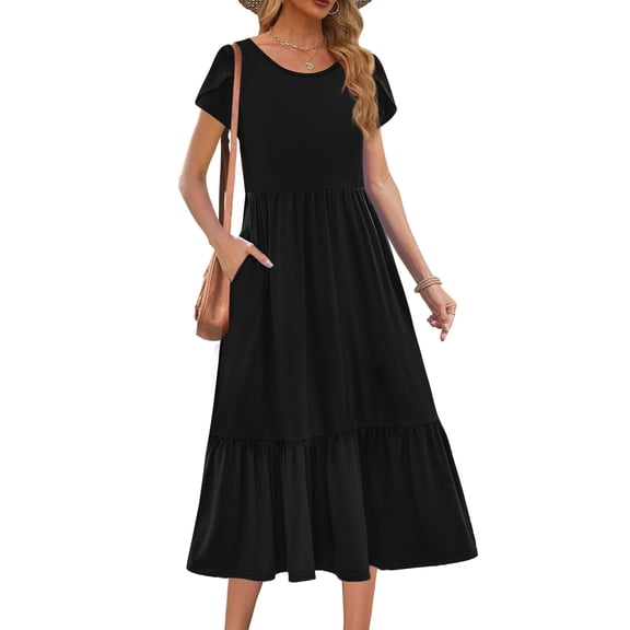 Zeagoo T Shirt Midi Dress for Women Summer Casual Tiered Dresses A Line Swing Long Dresses with Pockets Short Sleeve Beach Dress