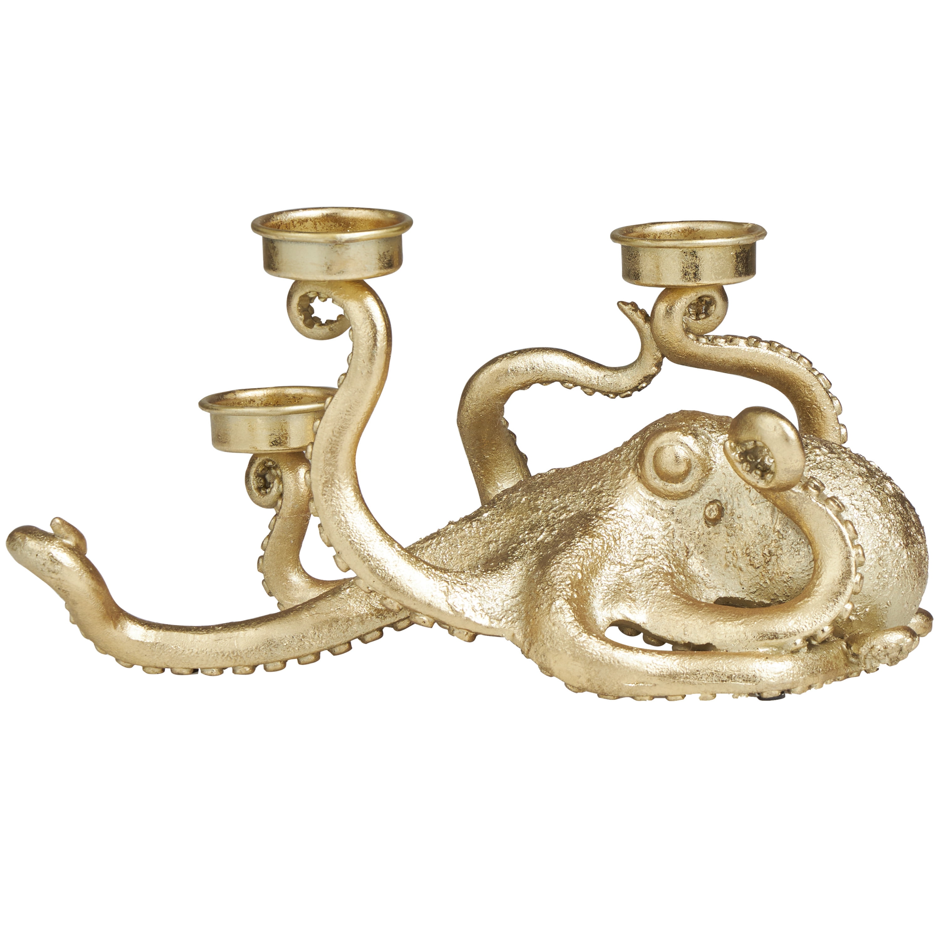 DecMode 3 Holder Gold Polystone Octopus Textured Candelabra with Tentacle Candle Slots