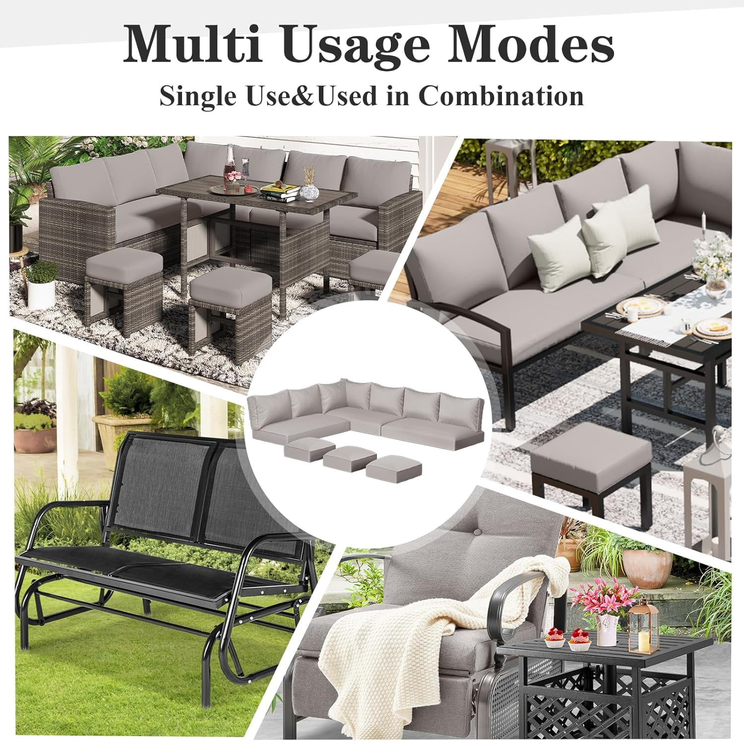 AECOJOY Outdoor Cushions, 4 inch Patio Cushions for Outdoor Furniture, Replacement Cushions Fits 7-Seats Sectional Rattan Conversation Set, Splashproof, Memory Foam Cushions and Covers in Light Grey