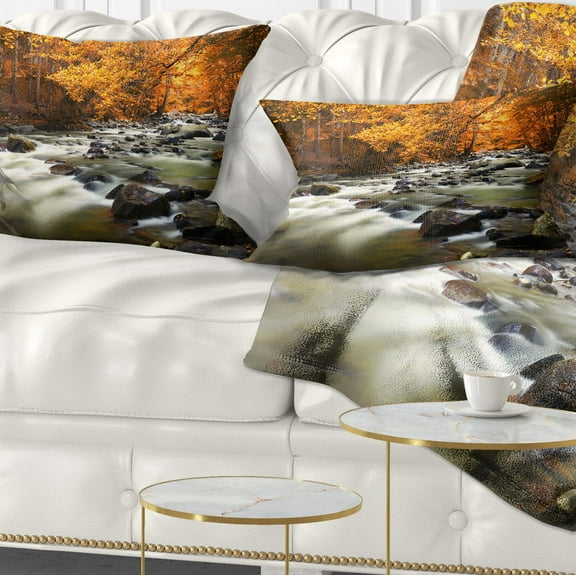 Designart Autumn Terrai With Trees and River - Landscape Printed Throw Pillow - 12x20
