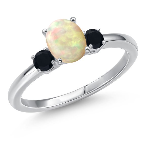 Gem Stone King 14K White Gold White Ethiopian Opal and Black Onyx Engagement Ring for Women | 0.71 Cttw | Oval Cabochon 7X5MM | Gemstone October Birthstone | Size 9