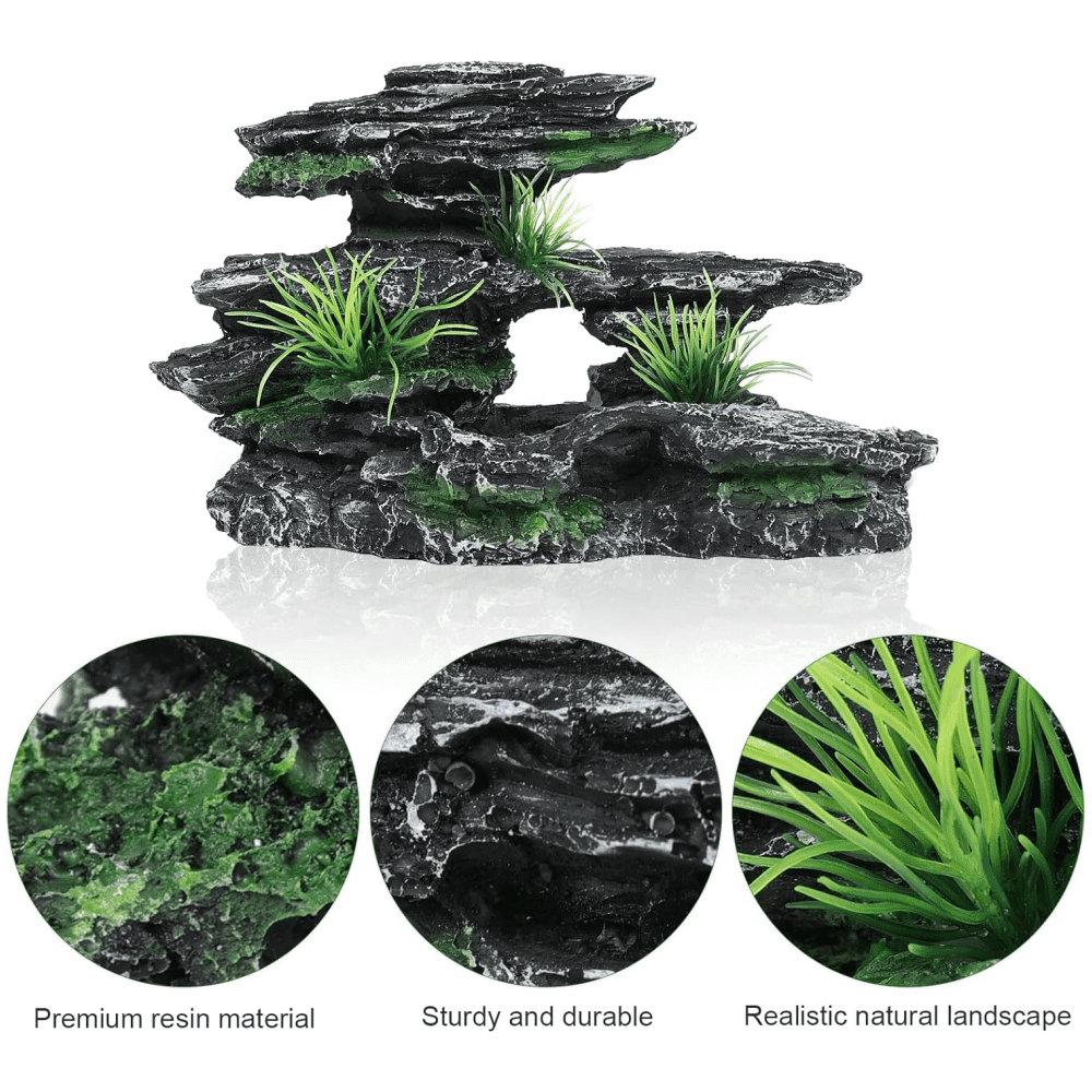 Resin Aquarium Mountain Decor with PVC Artificial Plants - Multi-Hole Cave & Resting Platform for Fish, Natural Stone Look Decoration for 10-50 Gallon Freshwater Tanks