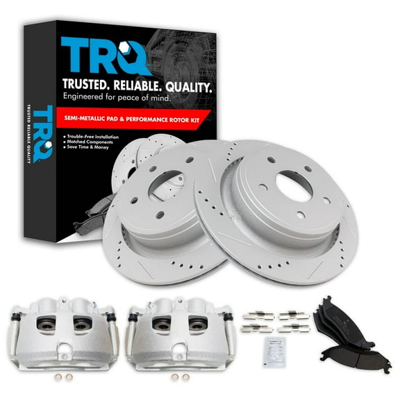 TRQ Rear Performance Brake Pad & Rotor Kit Brake Caliper Brake Pads Brake Rotors Set Semi-Metallic Vented Premium G-Coated Fits Select 2012 Ram 1500