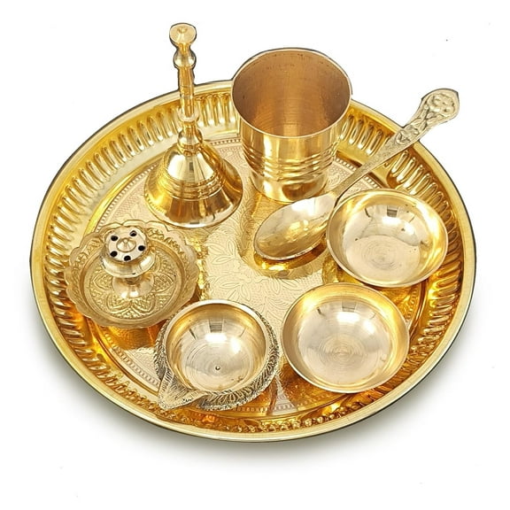 Brass Pooja Thali Set 6 Inch Puja Thali with Pital Plate Glass Chandan Wati Dhup Dan Kuber Deep Ghanti Spoon Arti Thali for Diwali Home Office Mandir Wedding Return Gift Items