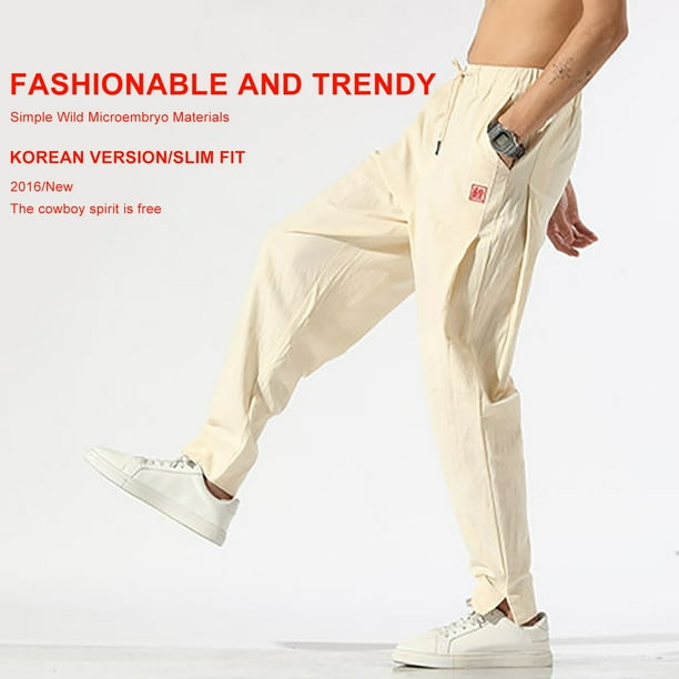 Pantalones largos de verano para hombre, pantalones de pierna ancha, pantalones de lino transpirables, pantalones holgados de pierna recta, pantalones retro de moda para hombre.