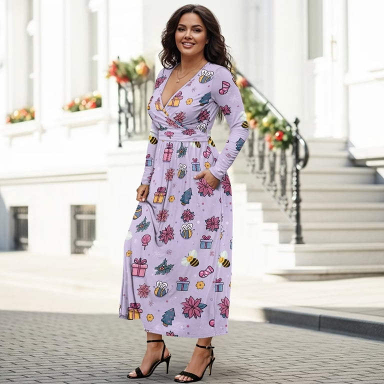 womens maxi christmas dress FKELYI Purple Flower Print for Fall Casual Dress A-Line Tiered Flowy Long Sleeve Dresses with Side Pockets for Wedding Guest, XL parent:bella-maxi-dress