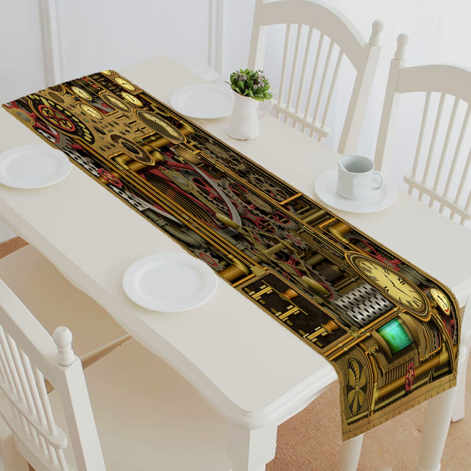 ABPHQTO Steampunk Clocks Dials Gears Cogs Pipes Table Runner Placemat Tablecloth For Home Decor