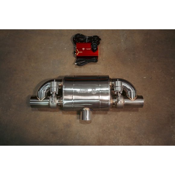 Valvetronic Design Exhaust Muffler UVM.76MM.TSTYLE.X1 T-Style; Single 3 Inch Inlet; Dual 3 Inch Outlet; 27 Inch Overall Length